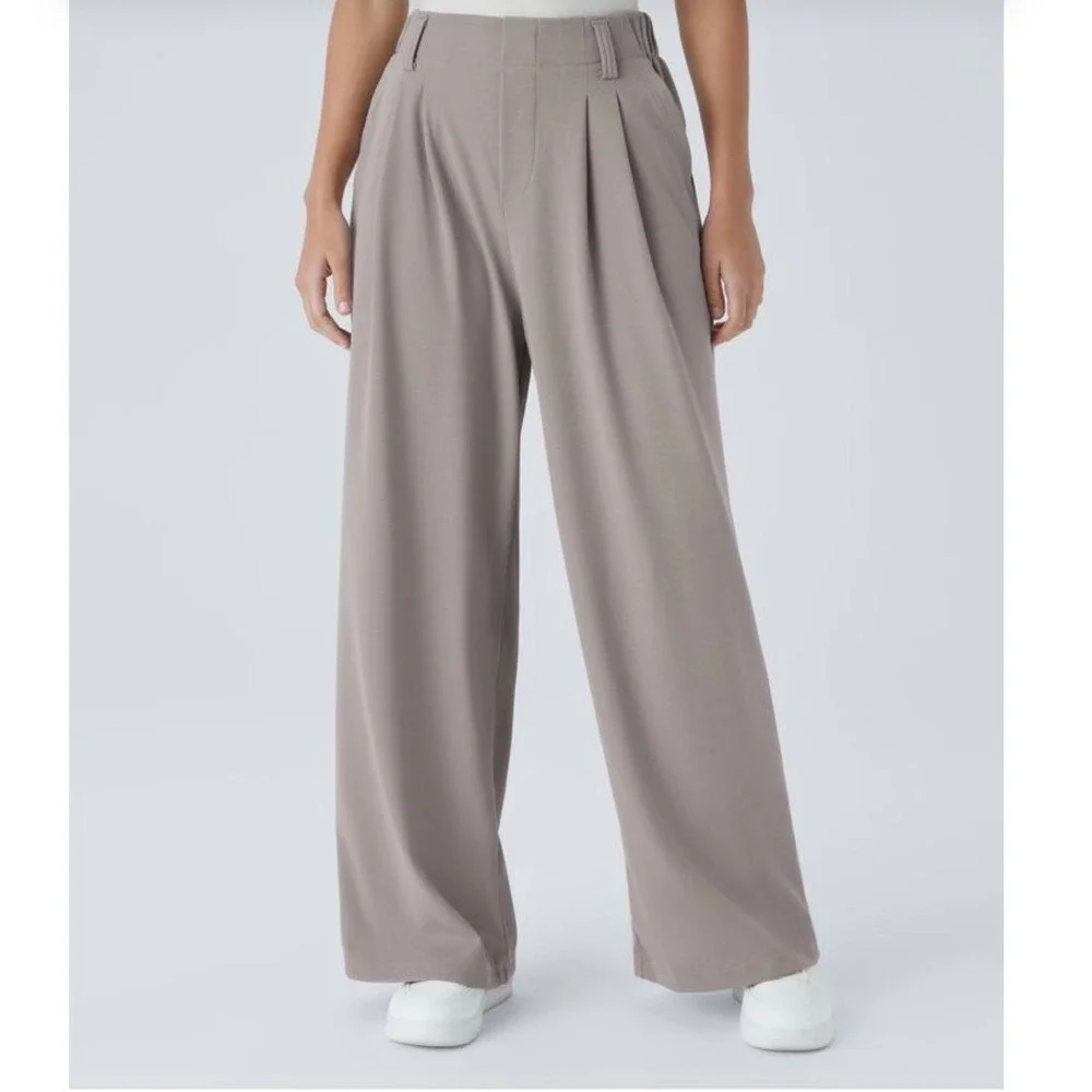 Halara Flex High Waisted Wide Leg Work Pants Taupe Grey Pleated Trousers Medium